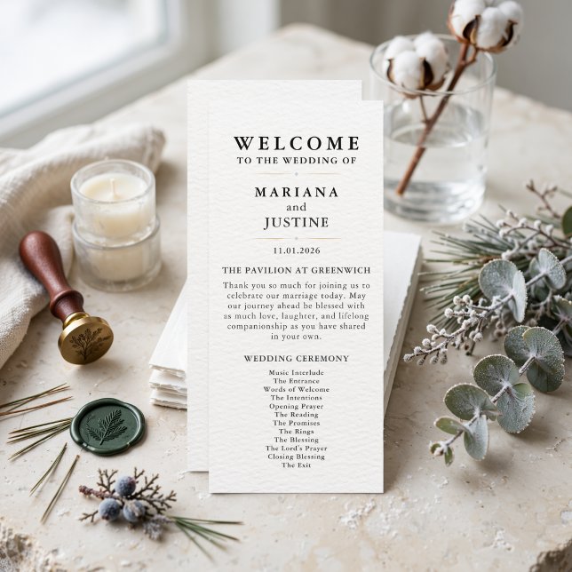 Redaktionell Minimalistisk Vinterbröllopsprogramko Program (Editorial Minimalist Winter Wedding Program Card)