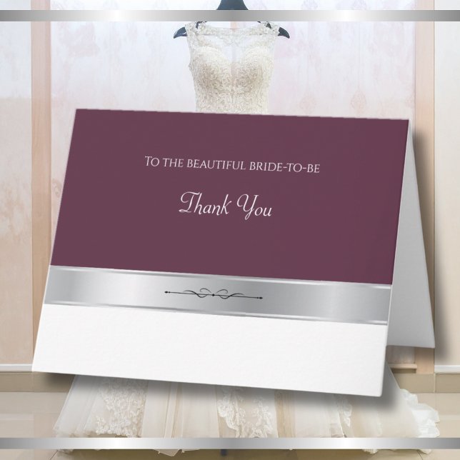 Redaktionella Mulberry Bröllopsbutik Tacksamhetsko Tack Kort (Editorial mulberry and silver folded thank you card template for bridal boutique clients.)