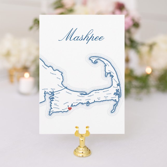 Redaktionellt Kaptorskekort Bröllop Bord Inbjudningar (Mashpee Cape Cod Wedding Table Town Name Cards fully editable with elegant navy blue map )