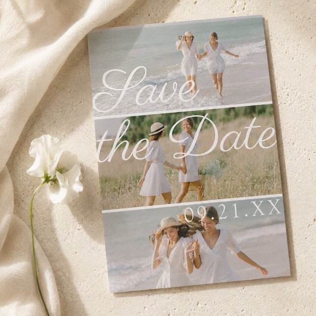 Redaktionellt treskikts fotokollage manus spara datumet (Editorial Three Photo Collage Script Save The Date
)