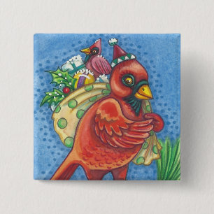 REDBIRD SANTA, CHRISTMAS CARDINAL BIRD BUTTON Squ Knapp
