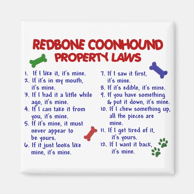 REDBONE COONHOUND EGENDOM LAGSTIFTNING 2 MAGNET (Framsidan)