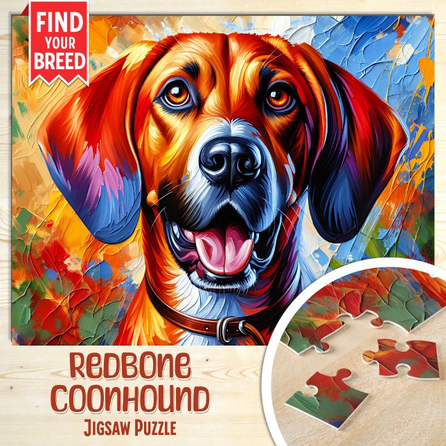 Redbone Coonhound Hund Porträtt Akrylfärgskonsttry Pussel (Skapare uppladdad)
