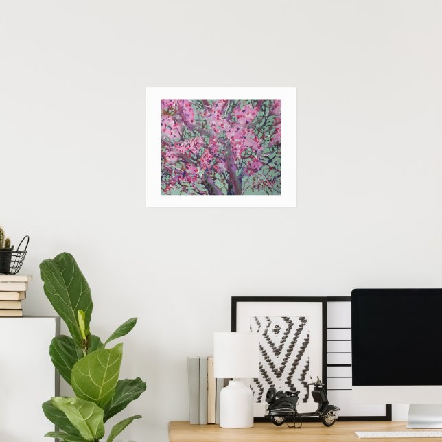 Redbud På En Matt Grön Himmel / Konstnär Larry Ler Poster (Hemmakontoret)