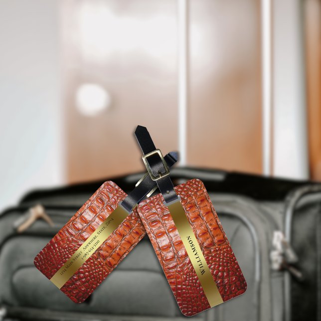 Reddiska Brown Reptile Digital Leather Guld Metall Bagagebricka (Skapare uppladdad)