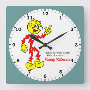 Reddy Kilowatt Pointing, bläddra i en switch Fyrkantig Klocka