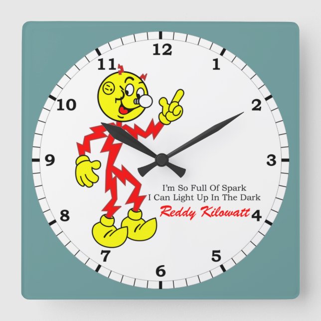 Reddy Kilowatt Pointing, Fullt of Spark Fyrkantig Klocka (Framsida)