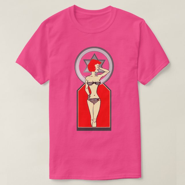 Redhårig flicka med rött hår i en bikini t shirt (Design framsida)