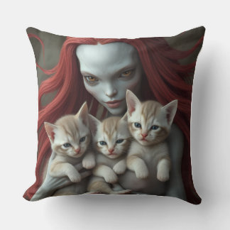 Redhead Alien Holding Kittens Kudde