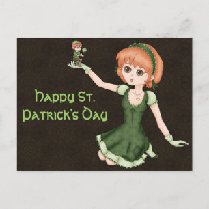 Redhead Anime Girl and Leprechaun Vykort