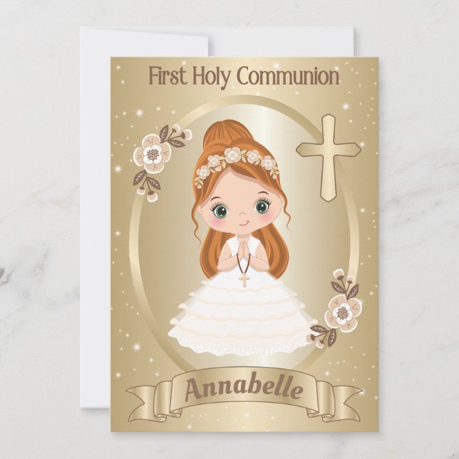 Redhead Girl First Heliga Communion-inbjudan Inbjudningar (Framsida)