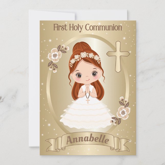 Redhead Girl First Heliga Communion-inbjudan Inbjudningar (Framsida)