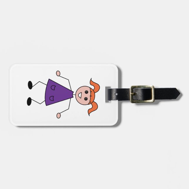 Redhead Girl Stick Figure in Purple Dress Bagagebricka (Horisontell Framsida)