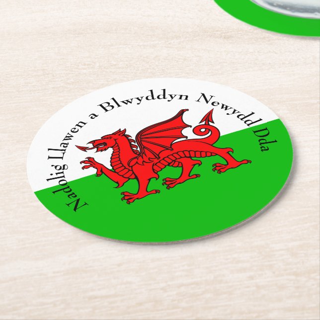 Redigera text Welsh Flagga Red Dragon-jul Underlägg Papper Rund (Vinklad)
