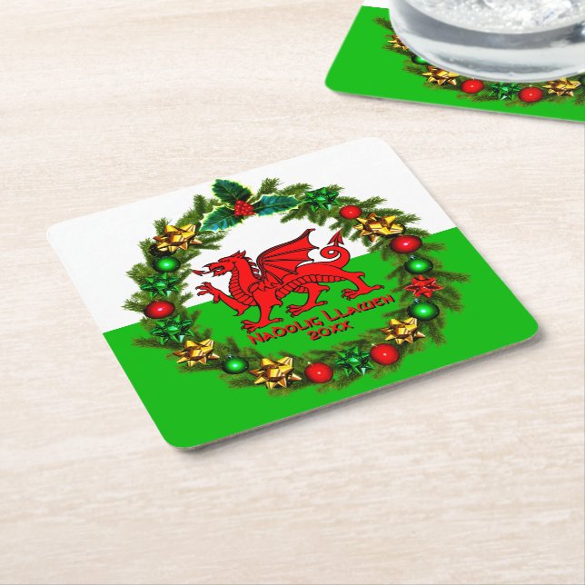 Redigera textåret Welsh Flagga Red Dragon jul Underlägg Papper Kvadrat (Vinklad)