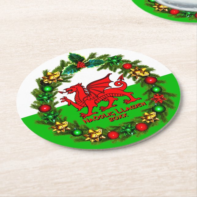 Redigera textåret Welsh Flagga Red Dragon jul Underlägg Papper Rund (Vinklad)