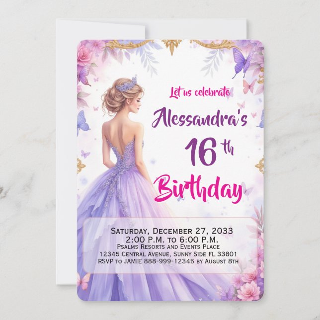 Redigerbar 16-års lila klänning Blommig Elegant Fö Inbjudningar (Framsida)