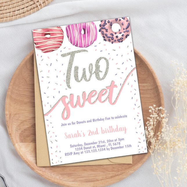 Redigerbar 2:a födelsedag Party Inbjudan (Two Sweet Silver Donut Birthday Invitations)