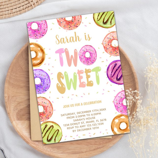 Redigerbar 2:a födelsedag Party Inbjudan för flick (Two Sweet Donut Birthday Invitations)