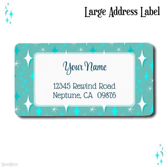 Redigerbar adressetikett för Retro Teal och White  (Teal and white stars large address label)