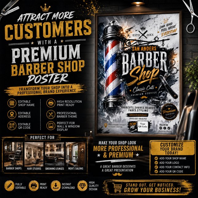 Redigerbar affisch för barberare | Väggskylt för b (Skapare uppladdad)