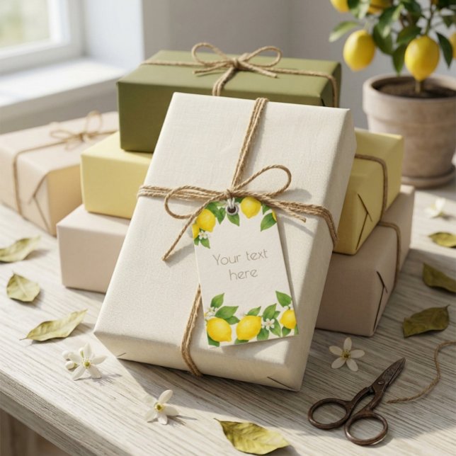 Redigerbar akvarell Citroner och Blommor Presentko Presentetikett (Skapare uppladdad)