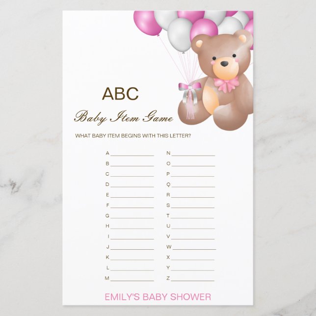 Redigerbar Alfabet Baby Item Baby Shower Game (Framsida)