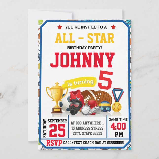 Redigerbar All Star Sport Födelsedagsfest Inbjudan (Framsida)