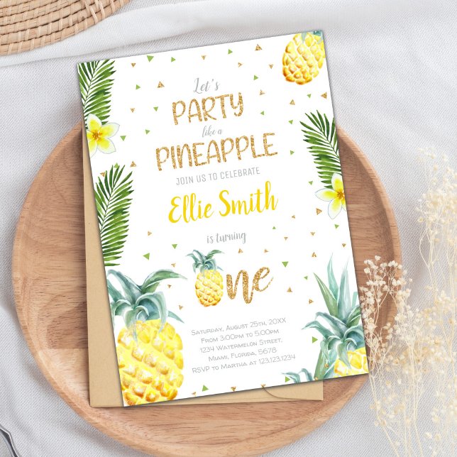 Redigerbar ananas 1:a födelsedagsinbjudan inbjudningar (1st Birthday Pineapple Birthday Invitations)