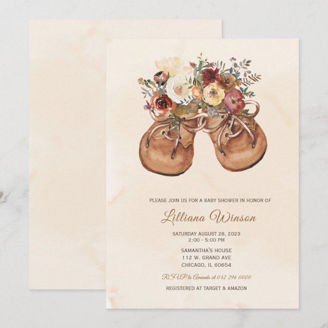Redigerbar Anpassningsbar Bebisstövlar Baby Shower Inbjudningar (Fram/baksida)