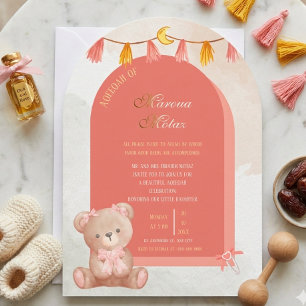 Redigerbar Aqiqah för Babyflicka Rosa Båge Desig Inbjudningar