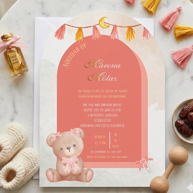 Redigerbar Aqiqah för Babyflicka | Rosa Båge Desig Inbjudningar (Skapare uppladdad)