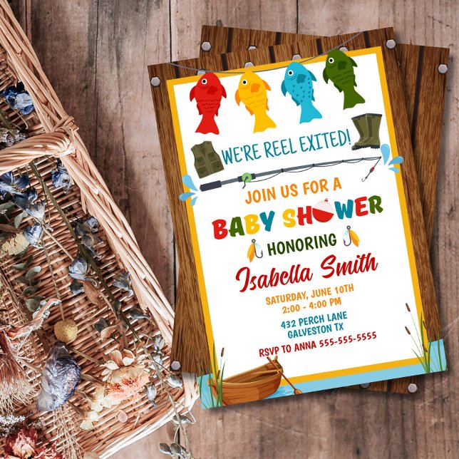 Redigerbar babyskal för fiske inbjudningar (Rustic & colorful fishing baby shower invite – perfect for new parents, any gender!)