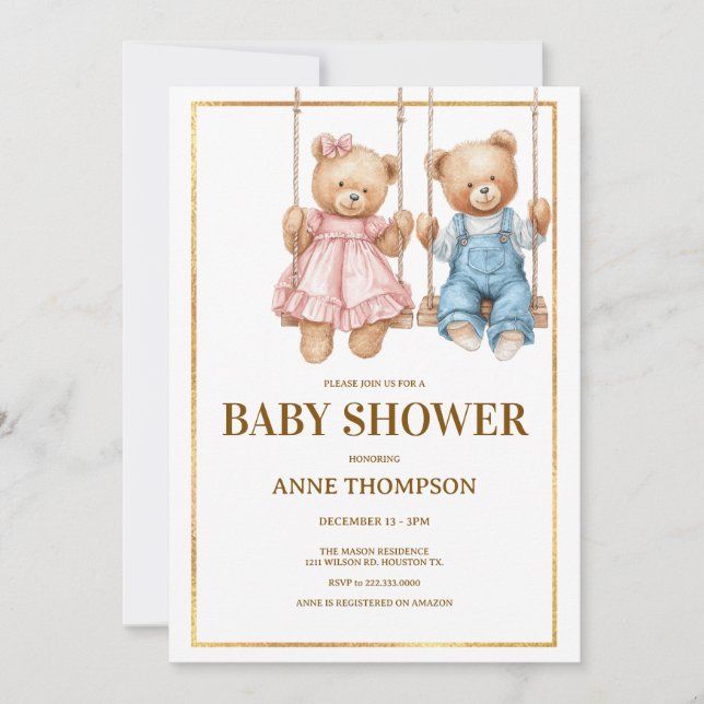 Redigerbar babystövel - Nalle för ljus Inbjudningar (Framsida)