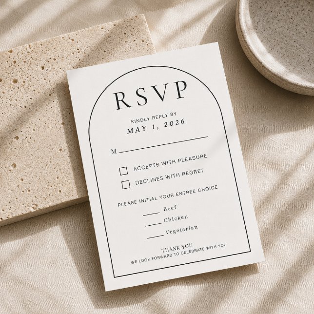 Redigerbar bågformad minimal bröllops-RSVP-kort OSA Kort (Elegant Arch Shape RSVP Card for timeless modern weddings.)
