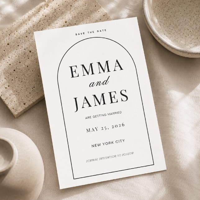 Redigerbar Bågformad Minimal Spara Datum Inbjudningar (Elegant arch design for a timeless and modern Save the Date announcement.)
