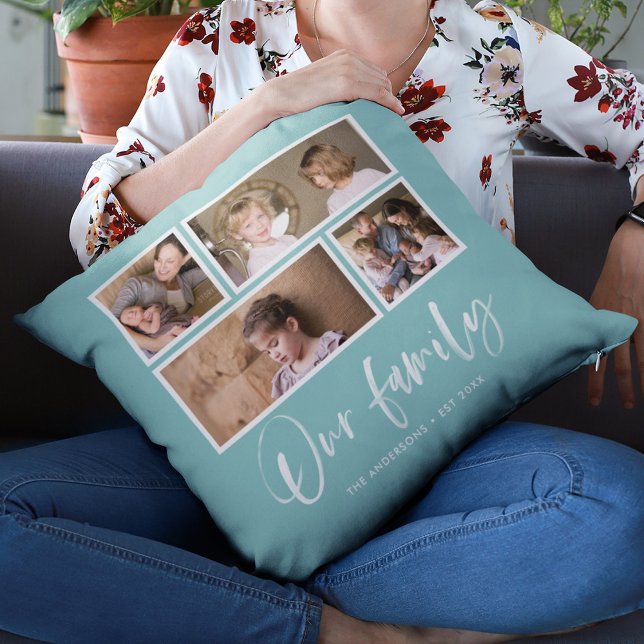 Redigerbar bakgrundsfärg Vår familjefotocollage Kudde (Skapare uppladdad)