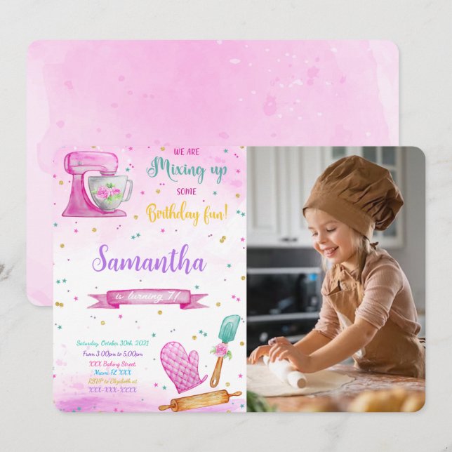 Redigerbar Baking Birthday-fotoinbjudan Inbjudningar (Fram/baksida)