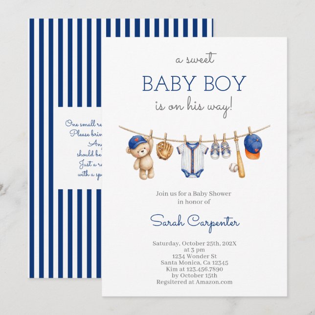 Redigerbar Baseboll Baby Shower Pojke Inbjudan (Fram/baksida)