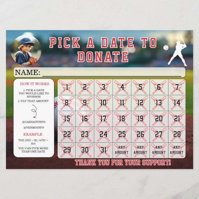 Redigerbar baseboll-fondkalender  inbjudningar (Framsida)
