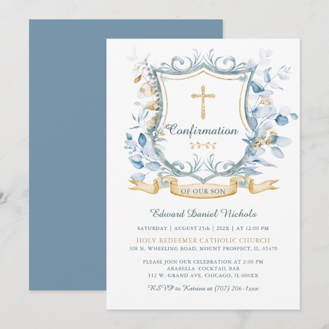 Redigerbar bekräftelse blått och Guld Monogram Inbjudningar (Fram/baksida)