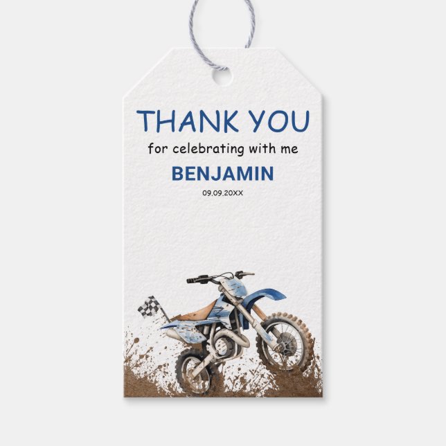Redigerbar Blå Dirt Bike Barnkalas Presentetikett (Framsidan)