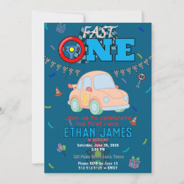 Redigerbar Blå Racingbil Pojke 1-års Födelsedagsin Inbjudningar