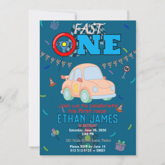 Redigerbar Blå Racingbil Pojke 1-års Födelsedagsin Inbjudningar