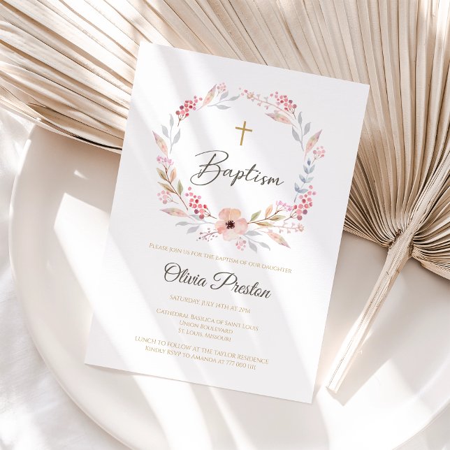 Redigerbar Boho Blommig Flicknamn Dop Inbjudan (Boho Floral Girl Baptism Invitation)