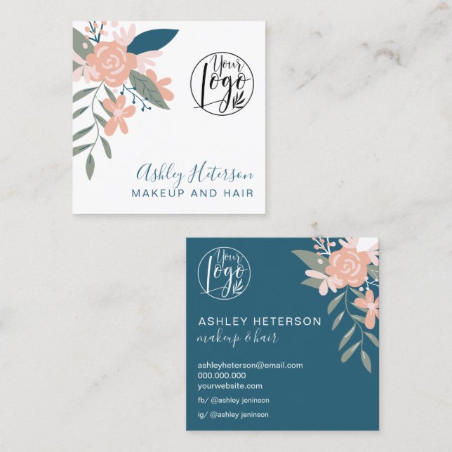 Redigerbar boho blommigt rosa blue logotyp hair ma fyrkantigt visitkort (Fram/baksida)