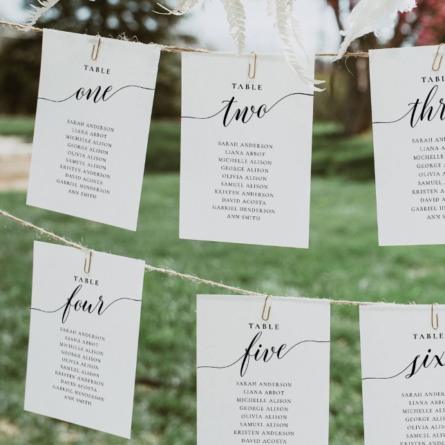 Redigerbar Bordskort Nummer Ett Placeringsplan Kor (Minimalist and elegant seating chart, hanging cards)