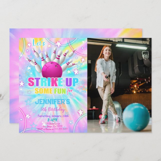 Redigerbar Bowling Födelsedags Foto Inbjudan (Fram/baksida)