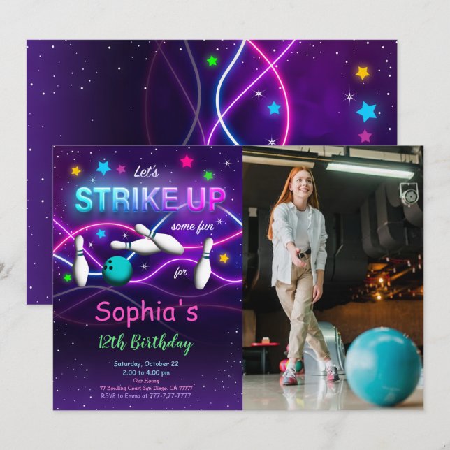Redigerbar bowling fotografering inbjudan (Fram/baksida)