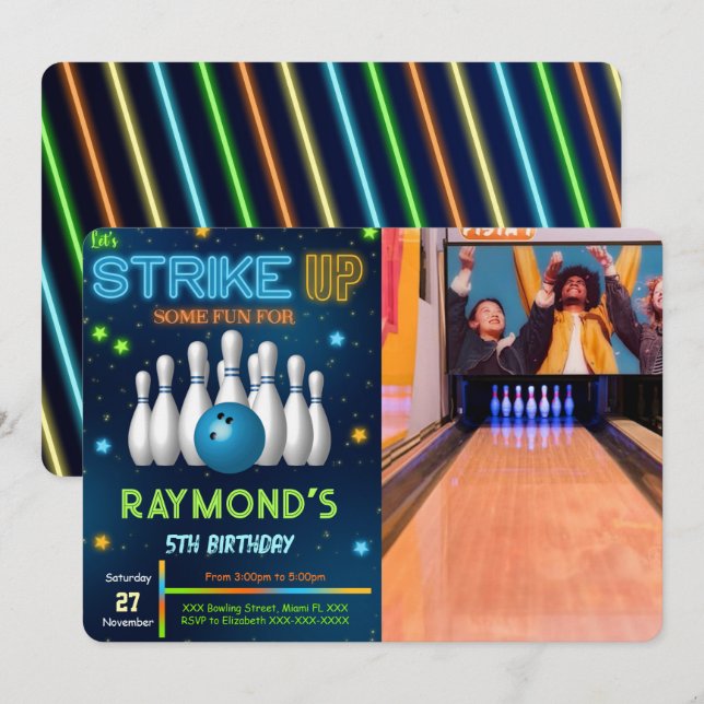 Redigerbar Bowling-fotoinbjudan Inbjudningar (Fram/baksida)